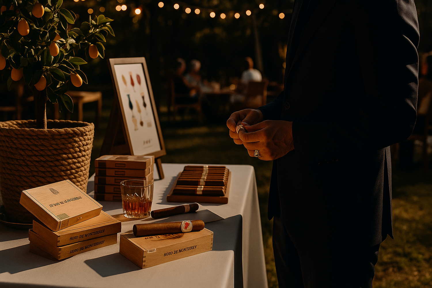 Table holding a variety of cigars at a prestigious event at night. Cigars beautifully displayed with drink pairings.